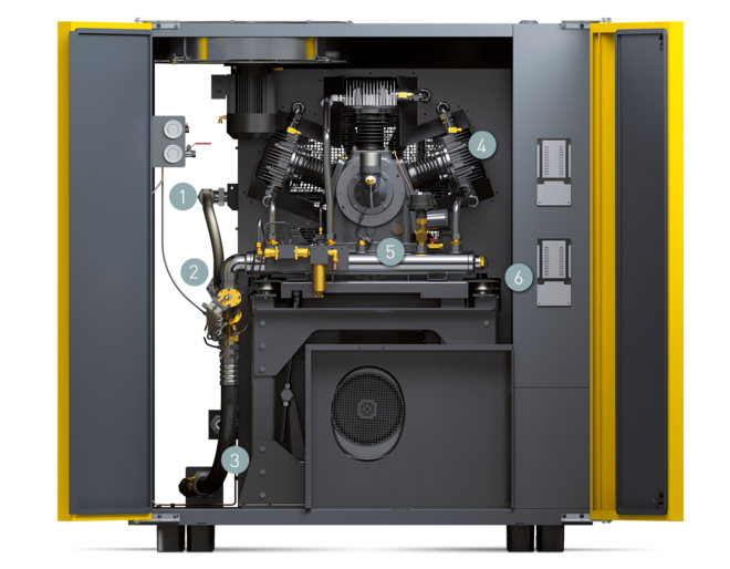 Componenten van de compacte installatie met booster van de serie DN C (vooraanzicht)