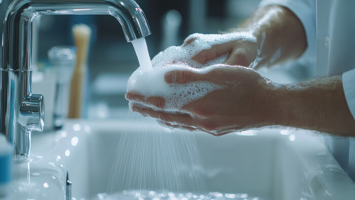 Warm water voor het wassen van handen wordt via warmteterugwinning door een compressor geproduceerd.